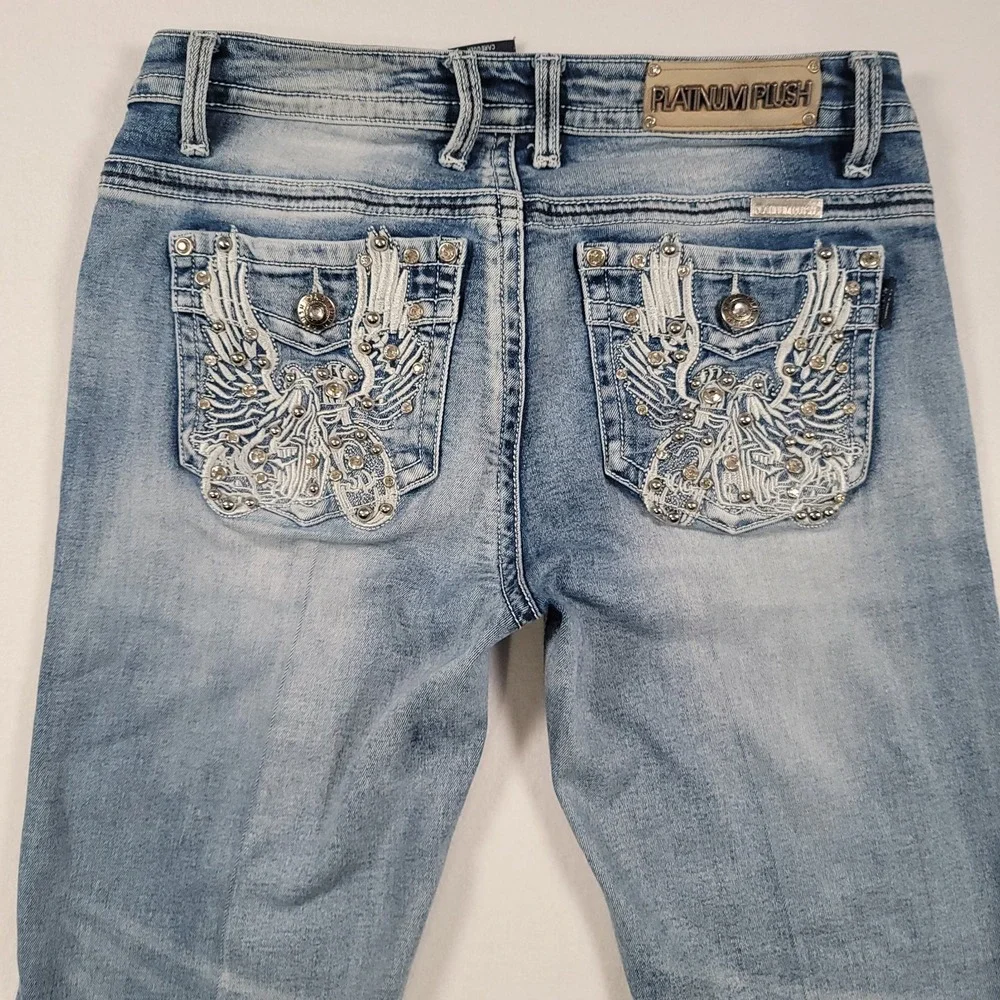 Platinum Plush Women Jeans‎ Size 9 Bootcut Blue Denim Studded Pockets